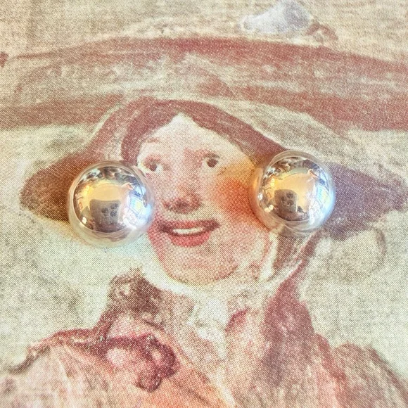 Vintage Sterling Silver Dome Ball Earrings Half Inch - Picture 3 of 10